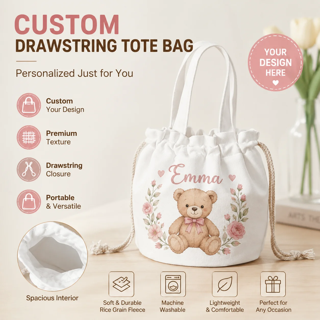 Personalized Couple Picture Handbag Custom Romantic Anniversary Gift Drawstring Tote Bag