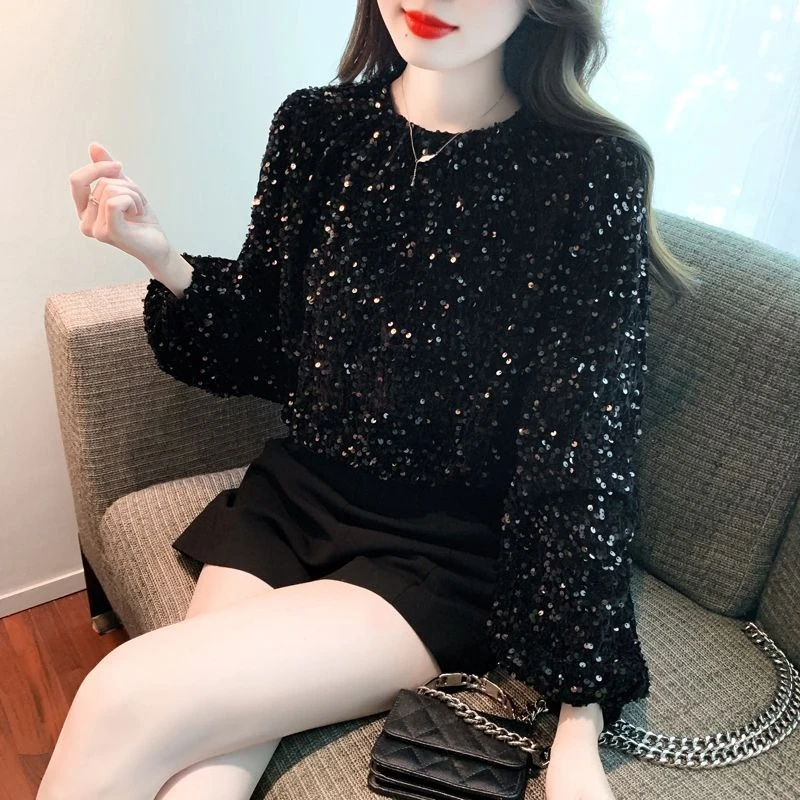 Sequins Female Pullover Top Y2k Japanese Streetwear Style Long Sleeve Designer On Promotion Cotton Fleece Women's Sweatshirts