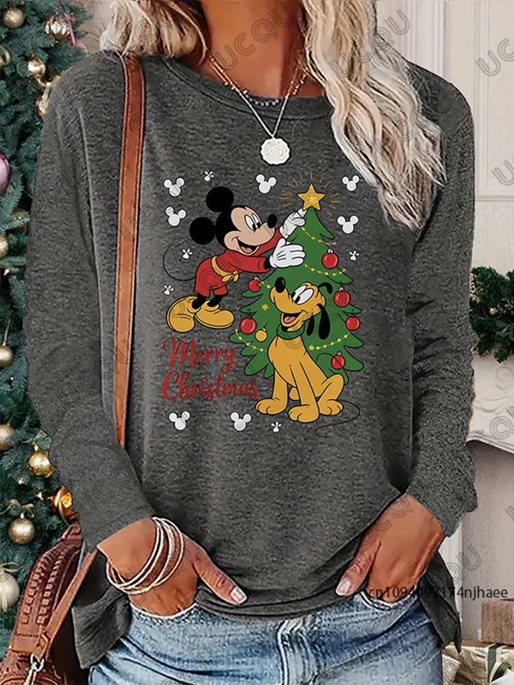 Navidad Mickey & Plutón decorar el árbol de Navidad estampado otoño Camiseta de manga larga para mujeres camisetas casuales Top de pareja de gran tamaño