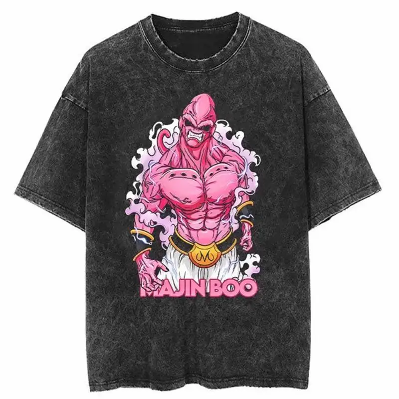 

New Washed Retro Street Hip-hop Anime Dragon Ball Cartoon Print Dark Summer Short-sleeved Loose T-shirt with An Aged Look