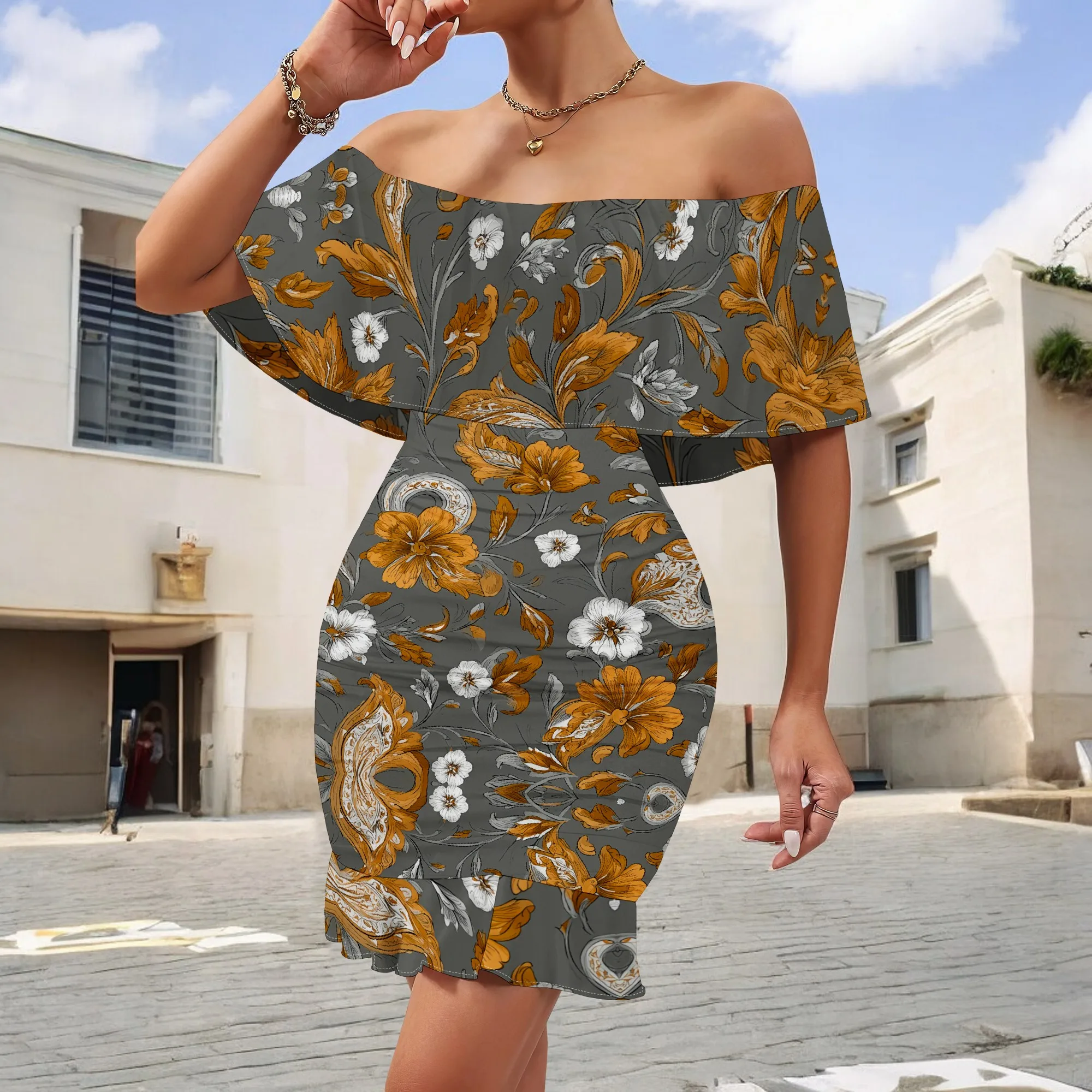 

Vintage Floral Print Dress S-3XL Off Shoulder Ruffle Hem Bodycon Style for Fall Date, Thanksgiving Dinner or Holiday Party Look
