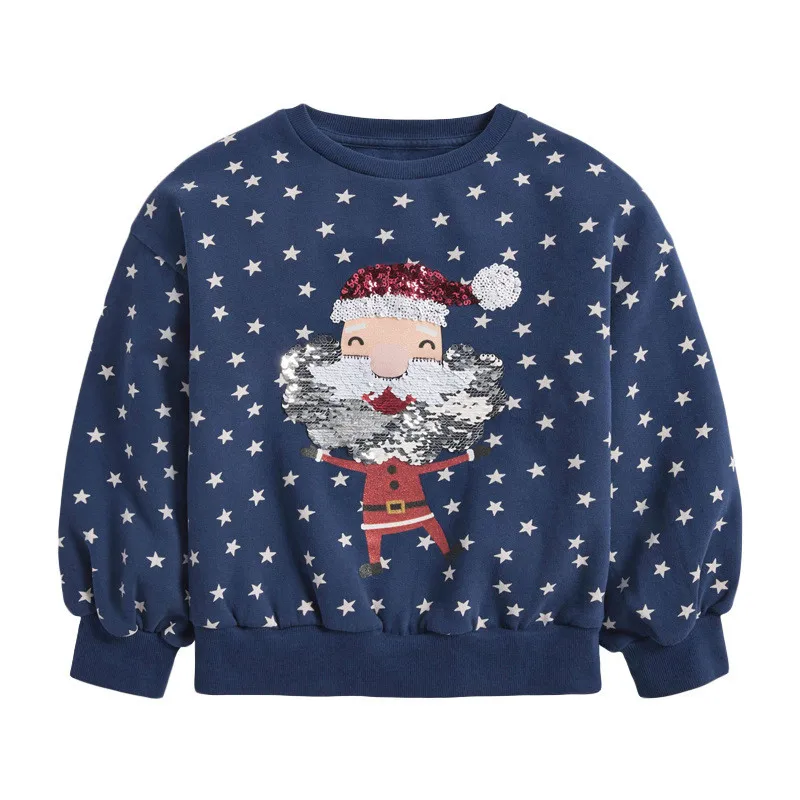 

New Arrival Santa Claus Beading Children's Girls Sweatshirts Hot Selling Cotton Star Toddler Kids Blouse Tops