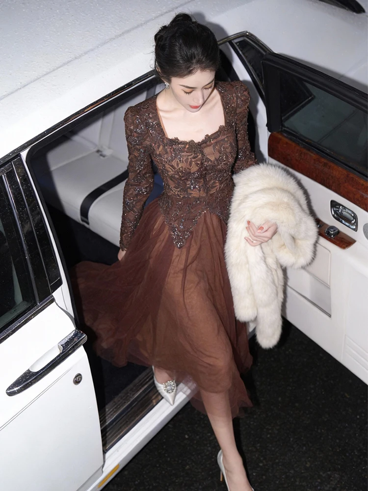 

Women Elegant Retro Shiny Sequin Lace Square Neck Slim A-Line Midi Dress Formal Party Prom Birthday Robe Vestidos Street Clothes