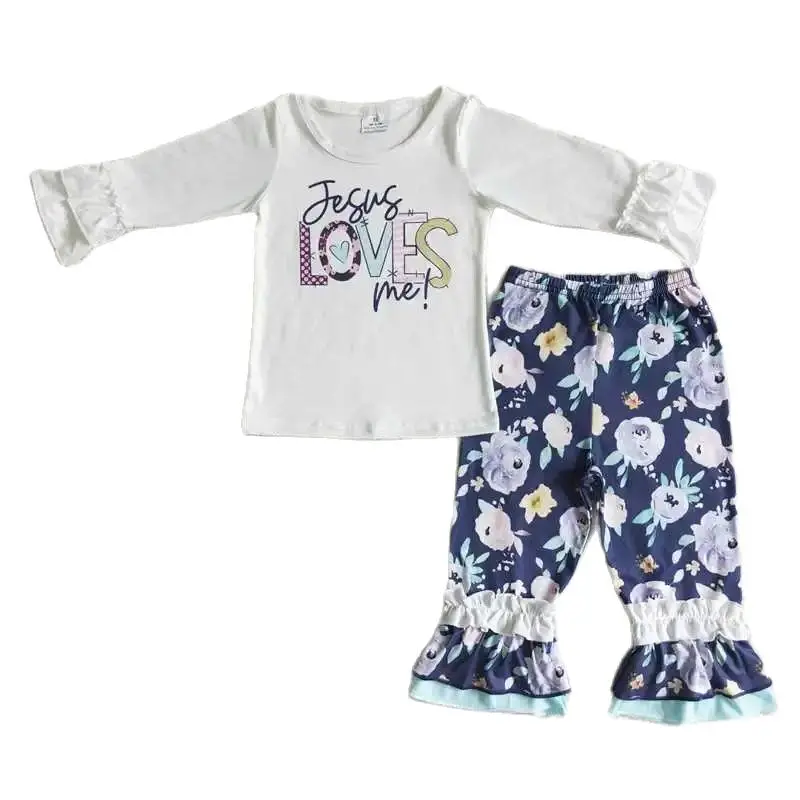 

6 A7-1 Kids Girls Autumn Outfit Sets Long Sleeves Jesus Loves Me White Print With Trousers Children Clothes