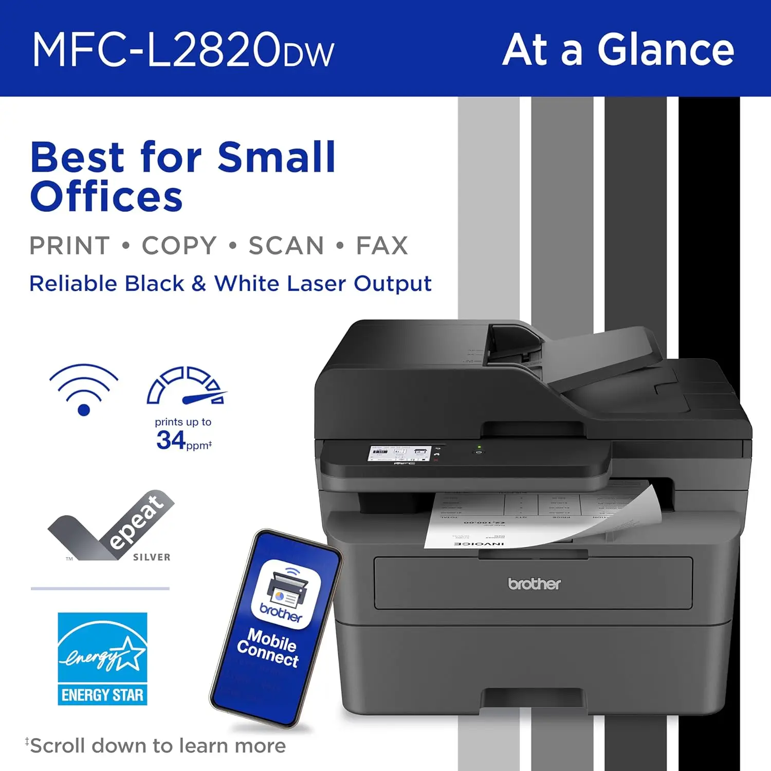 MFC-L2820DW Wireless Compact Monochrome All-in-One Laser Printer with Copy, Scan and Fax, Duplex, Black & White