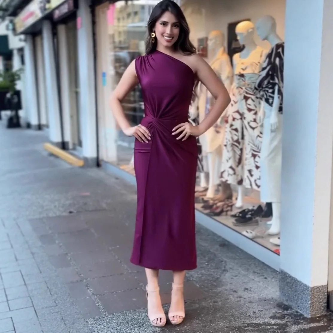 2025 Summer New One Shoulder Bodycon Tight Fit Dress Women Elegant Sexy Evening Gown Purple Red Multiple Sizes Available