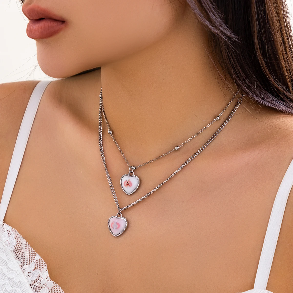 Salircon Korean Cute Rabbit Pattern Necklace Fashion Acrylic Heart Shaped Pendant Double Layer Necklace Women's Charm Jewelry