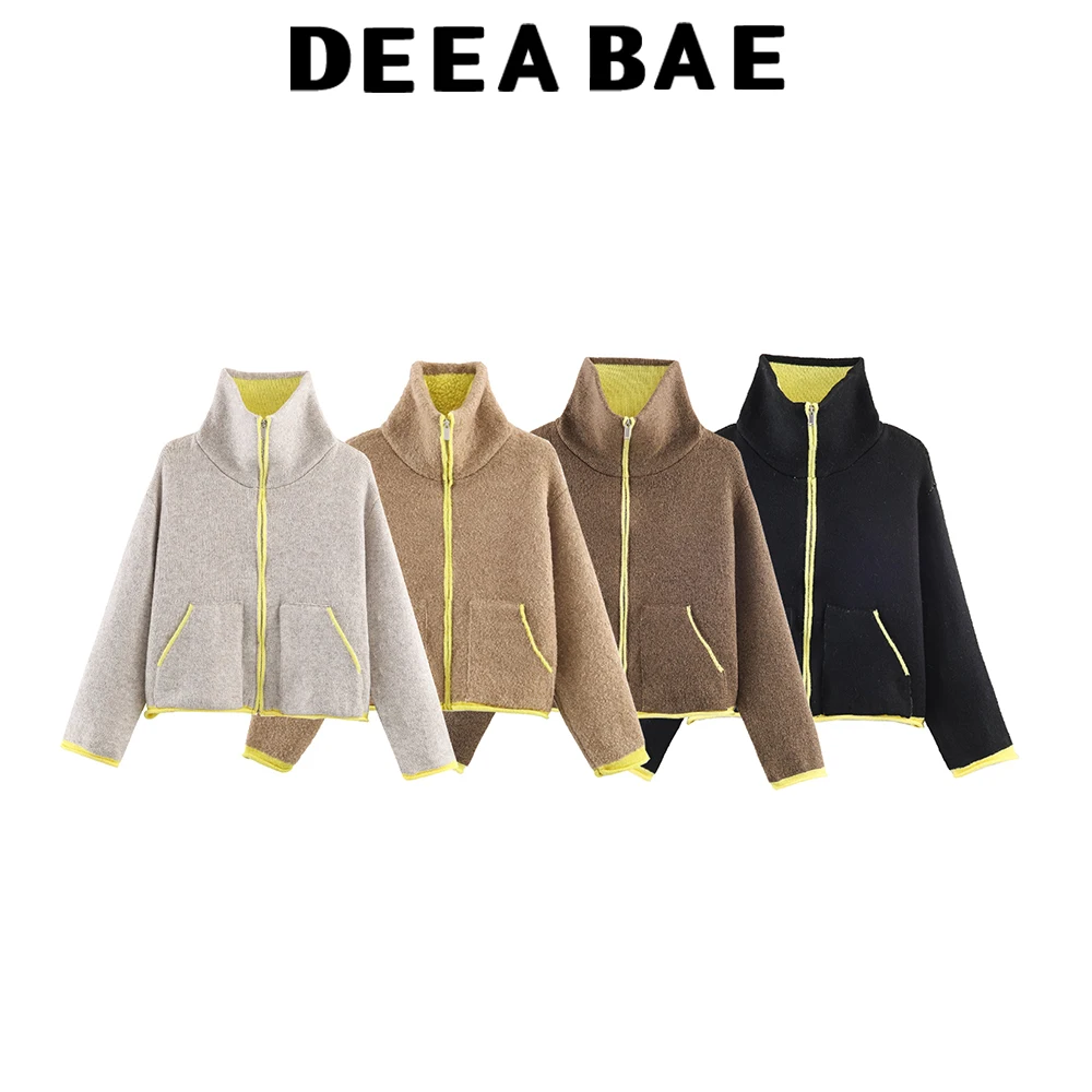 

DEEABAE 2025 Winter New Product Women's Lazy Style Loose Contrasting Color Decorative Layer Knitted Pilot Jacket Coat