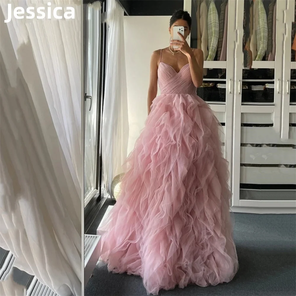 Jessica Princess Pink Prom Dresses Luxurious Tulle Layers Evening Dress A-shaped Wedding Dress Party Dress 2024 فساتين السهرة