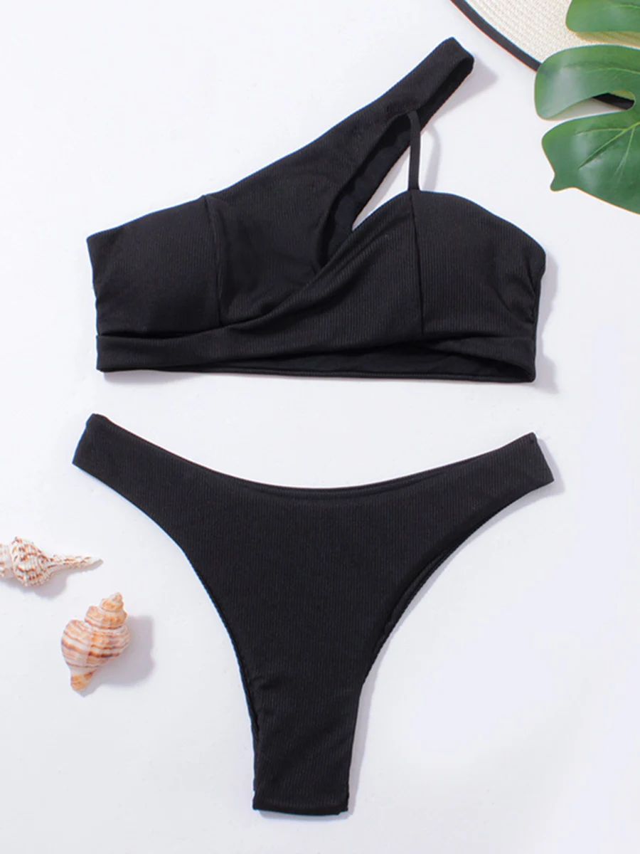 Conjunto de Bikini de un hombro para mujer, bañador con Tanga, traje de baño liso acolchado, traje de baño Sexy para mujer, ropa de playa 2024