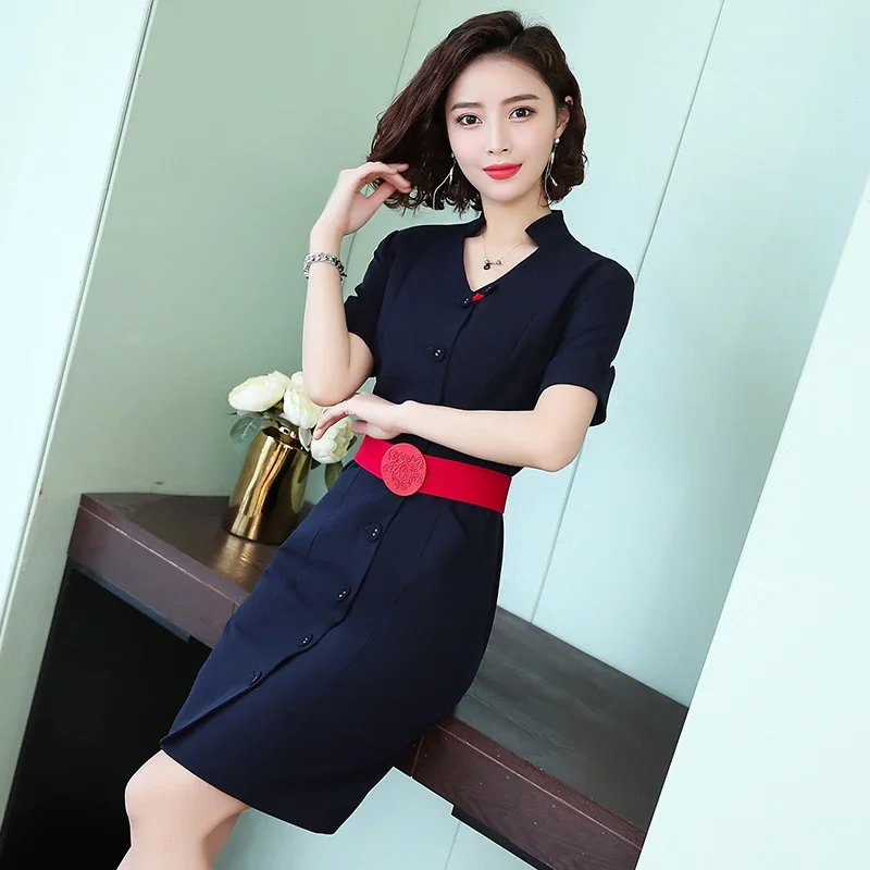 Новая летняя профессиональная униформа, платье с v-образным вырезом, тонкая косметологическая рабочая одежда с короткими рукавами, халат стюардессы во французском стиле