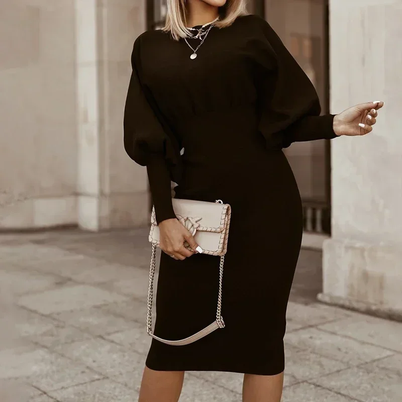 Women Elegant Office Lantern Sleeve Party Dresses Ladies O Neck Bodycon Dress Autumn Winter Solid Midi Dress 2024 Vestidos