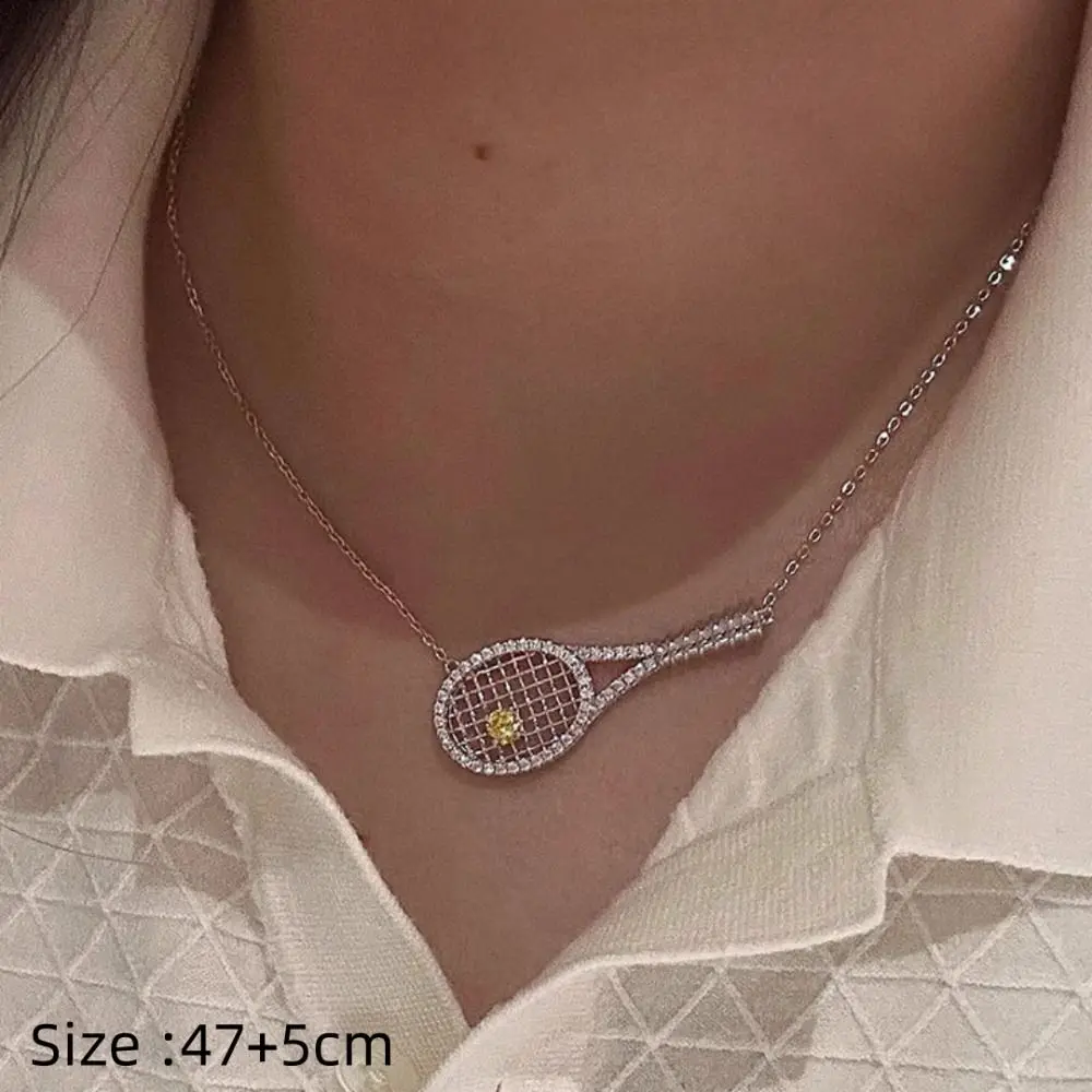 Silver Tennis Racket Pendant Necklace with Cubic Zirconia