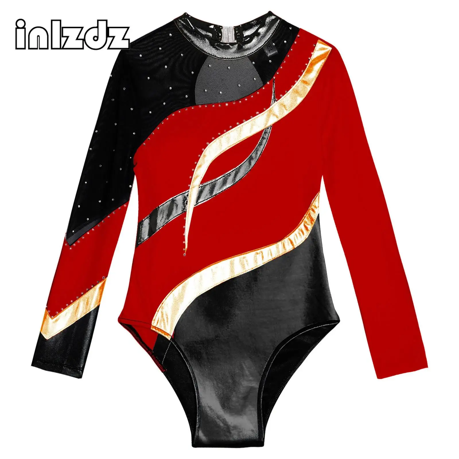 

Kids Girls Gymnastic Leotards Long Sleeve Round Neckline Patchwork Style Hollow Back Shiny Rhinestone Decorated Dance Leotards