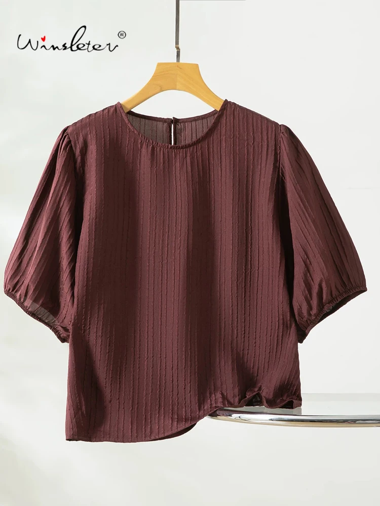 Winsleter-100%Real Silk Bubble Crepe Elegant T-Shirt, Short Sleeve Solid, Women Retro Casual Loose Top, 2026 Summer New T65738CC