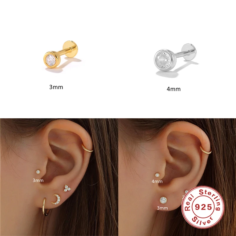 2pcs 피어싱 Aretes 925 스털링 실버 스터드 귀걸이 블링 지르콘 스타 문 눈 미니 작은 연골 귀걸이 여성 Jewerly