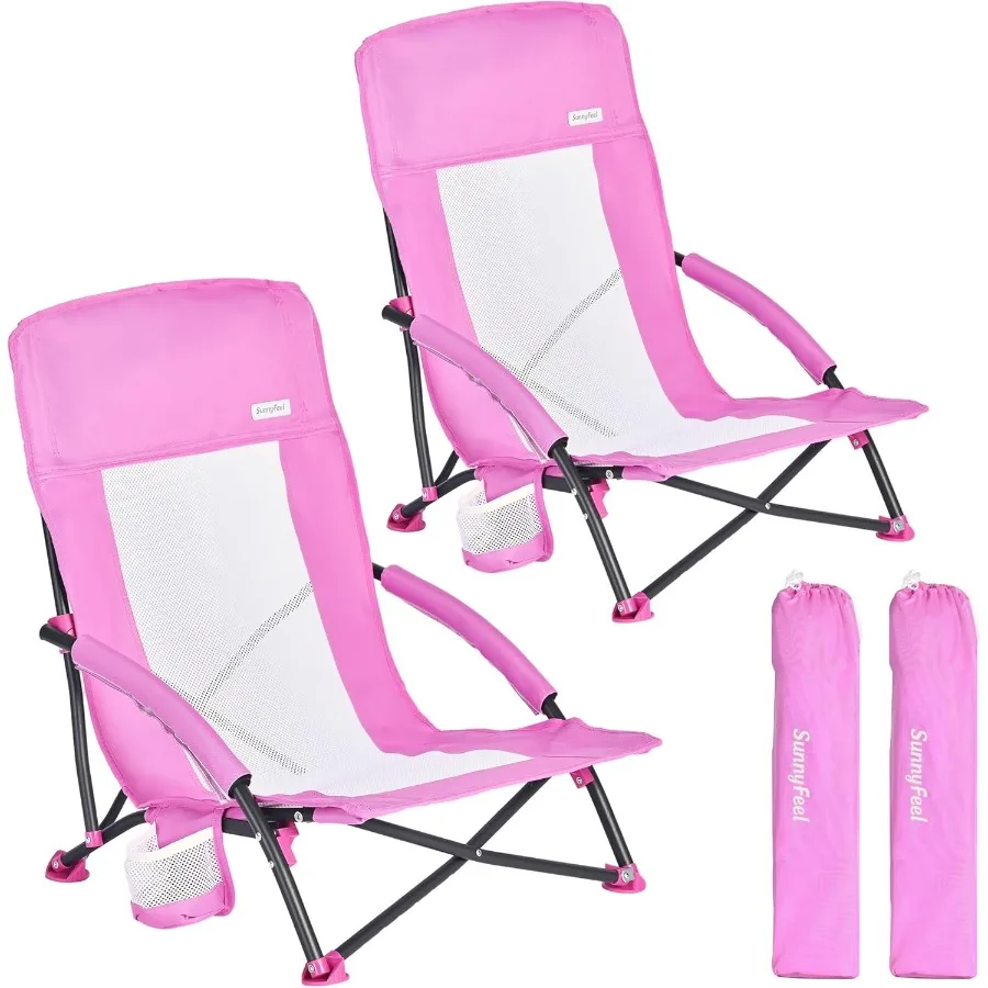 

Folding Low Camping Beach Chair 2 Pack Lightweight Portable Lawn Chair with Mesh Back Cup Holder for Outdoor Travel Picnic Conc