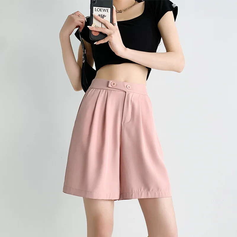 

High Waisted Suit Shorts Women 2023 Vintage Streetwear Wide Leg Shorts Loose Female Knee Length Straight Shorts For Women Summer