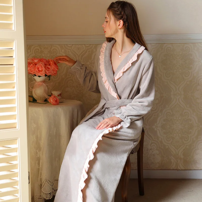 Women's Ruffles Lapel Long Robe, Velour Kimono Bathrobe, Sexy Nightgown, Velvet Bride Robes, Autumn Sleepwear