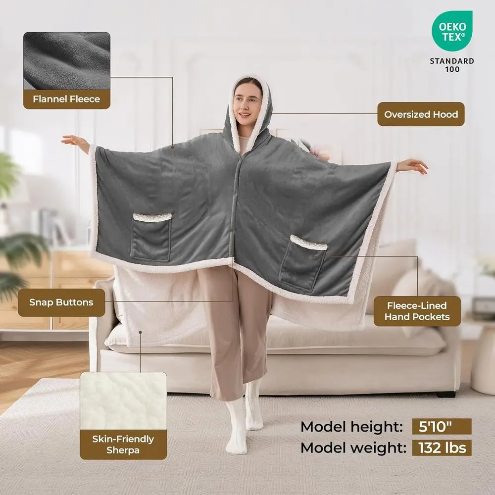 Electric Heated Blanket with Hood & Pockets, 5 Levels, Auto-Off, Washable, Certified, Unisex, Light Grey, 56x63