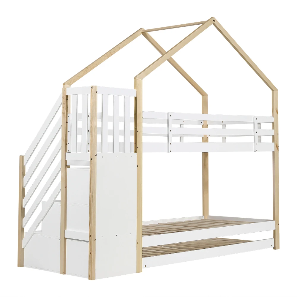 PINGGO Naturweißes Holzhausbett 90x200+90x190cm Kinder-Etagenbett mit Rutsche, Treppe, 3 Schubladen, Sicherheitsgeländer, ohne Matratze – Detail 17