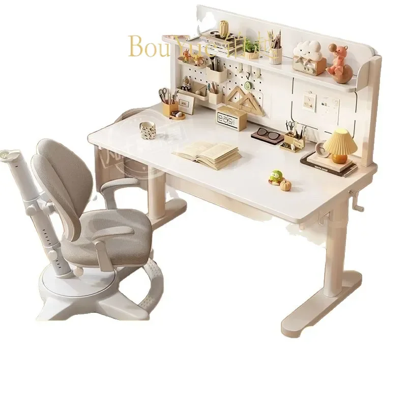 Solid Wood Kids Study Desk Manual Height Adjustable Large White Table for Primary School Students Bedroom Writing Station
