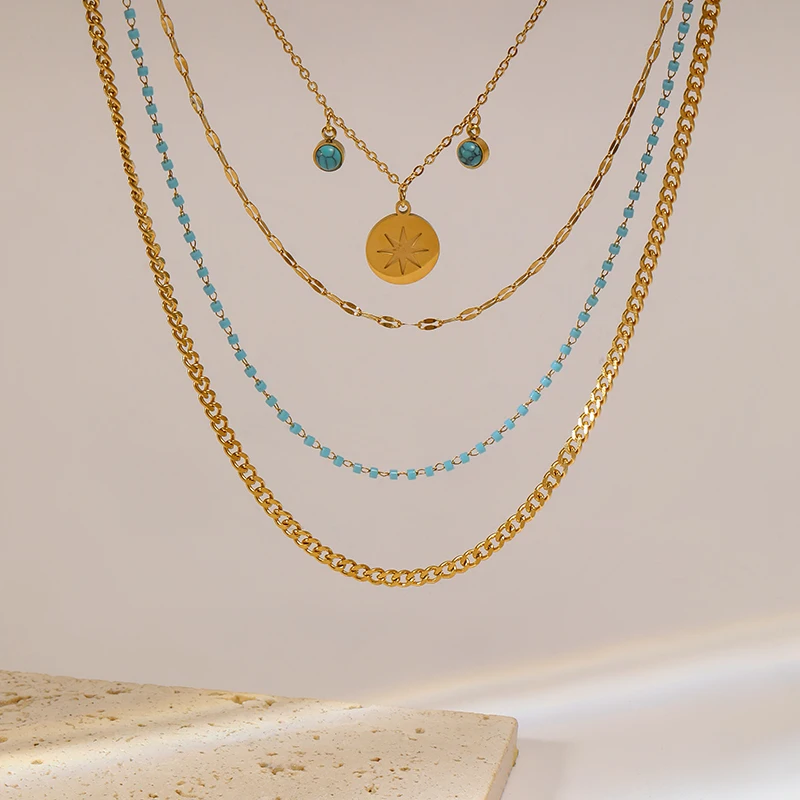 EILIECK 316L Stainless Steel Gold Color 4-Layer Chains Blue Stone Eyes Necklaces For Women Vintage Ladies Neck Jewelry Gifts