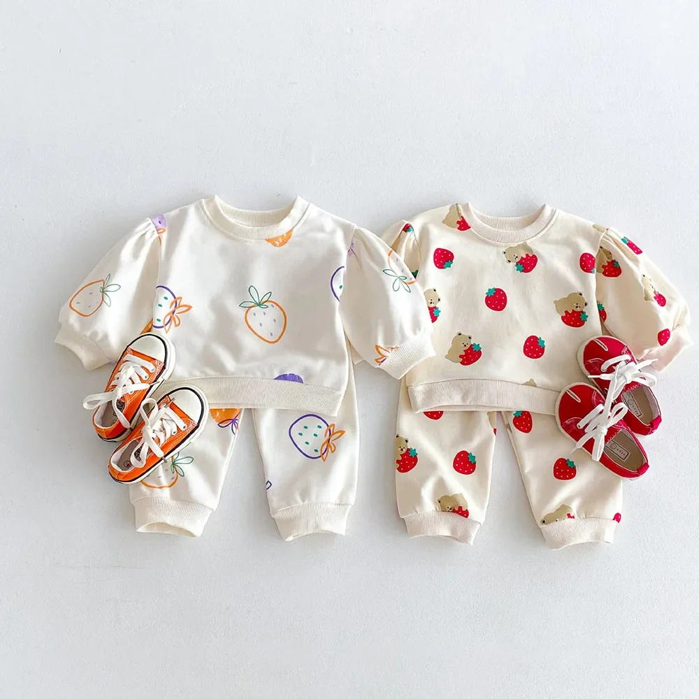 2024 Autumn Baby Clothing Set Toddler Girls Cartoon Strawberry Top and Pants 2Pcs Cotton Kids Boys Pullover Outwear Baby Suit