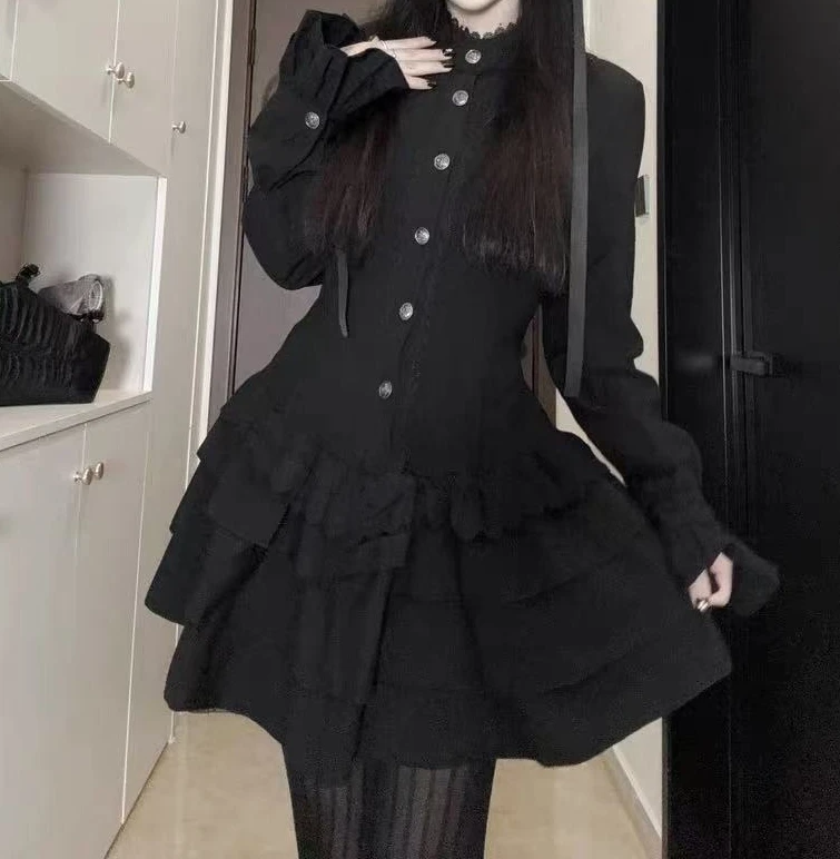 Y2k vintage gótico em camadas de renda mini vestido rua elegante preto lolita magro vestido de manga longa doce legal escuro roupas femininas