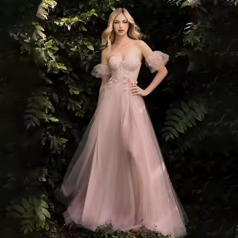 Elegant Off the Shoulder Prom Dress Floral Appliques Tulle Evening Dress Puff Sleeves Sweetheart Neckline Wedding Guest Dress