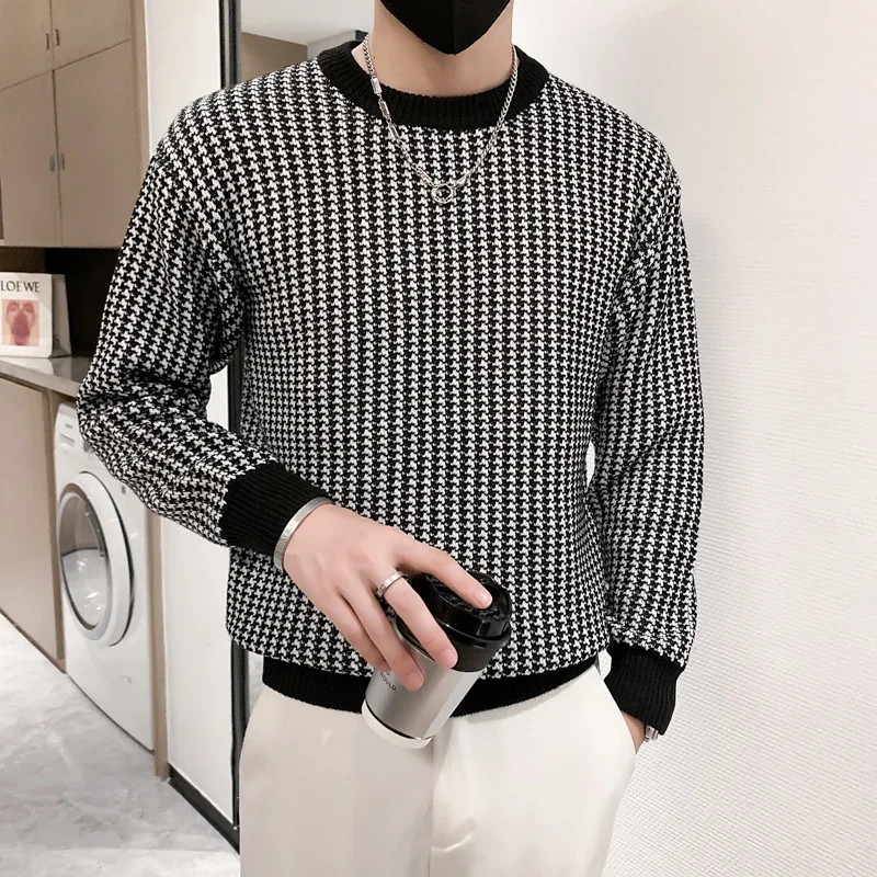 2024 Men's Spring Autumn Fashion Houndstooth Sweater Tops Male Slim Casual Pullovers Men Round Neck Plaid Knitted Tops P81