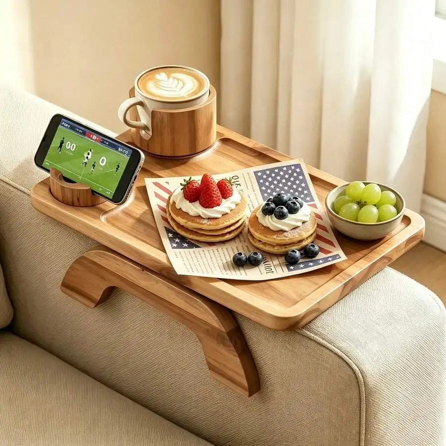 Etcrispy Acacia Wood Grain 3-In-1 Spring-Loaded Couch Arm Tray Table - Clip-On Sofa Accessory With Anti-Slip Pads, Stable Surface, Cup Holder, 360 °   Rotator Phone Holder, Ideal For TV Watching, Thoughtful Gift, Rectangle Wood Table, Fits 13.7