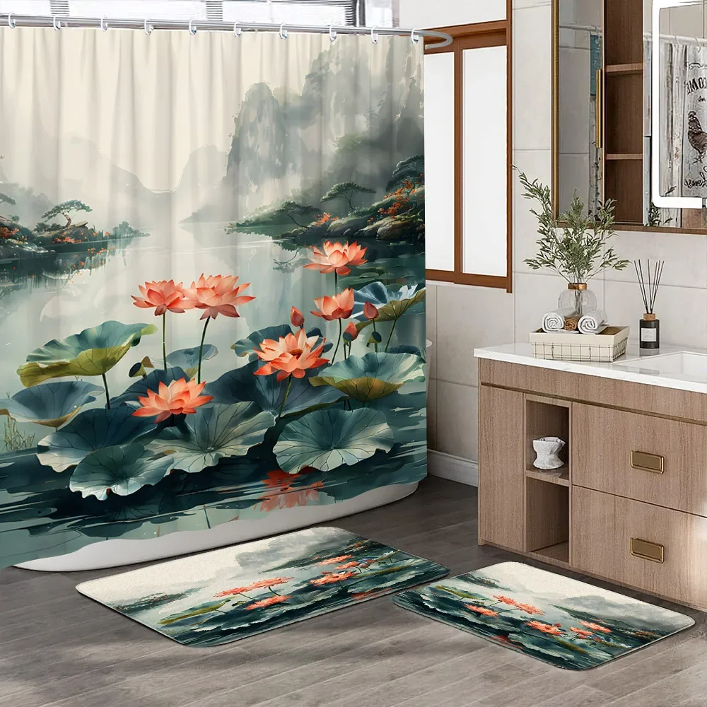 Lotus Shower Curtain And Rug Bathroom Set Green Leaf Plant White Flower Chinese Style Home Hanging Curtain 2 Mats Bathroom Decor