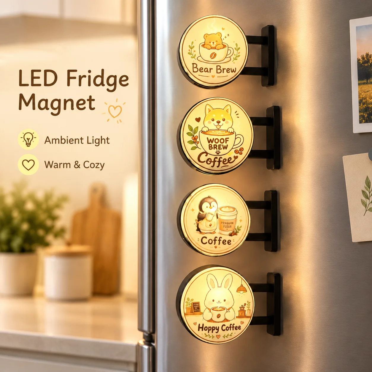 Light Up Cat Coffee Refrigerator Magnet, Magnetic Mini Light Box Sign, Decorative Night Light for Coffee Lover & Coffee Machine