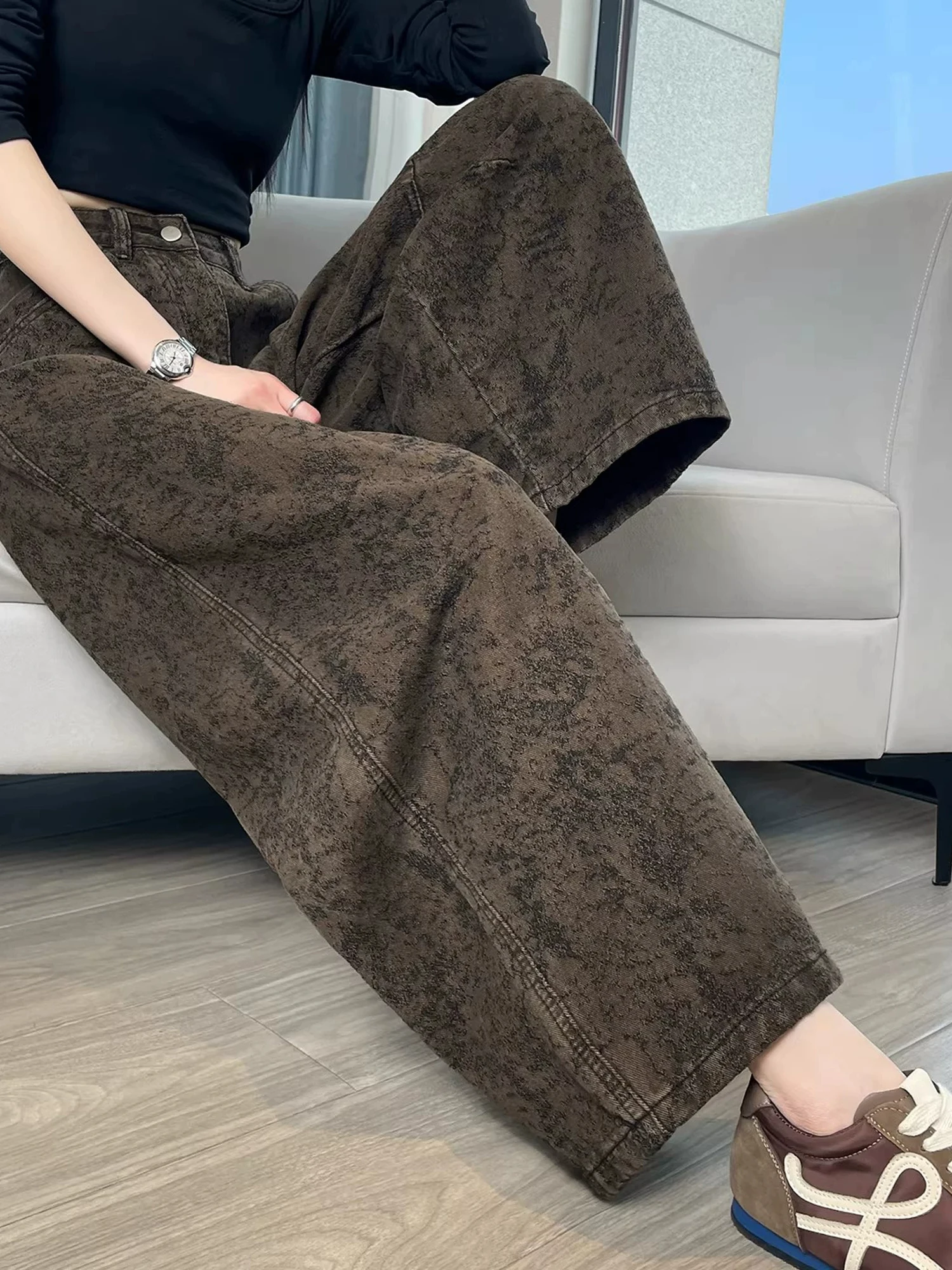 Retro American Washed Embroidered High Waist Wide Leg Pants Women's Autumn Winter Korean Style Design Sense Knife  Jeans