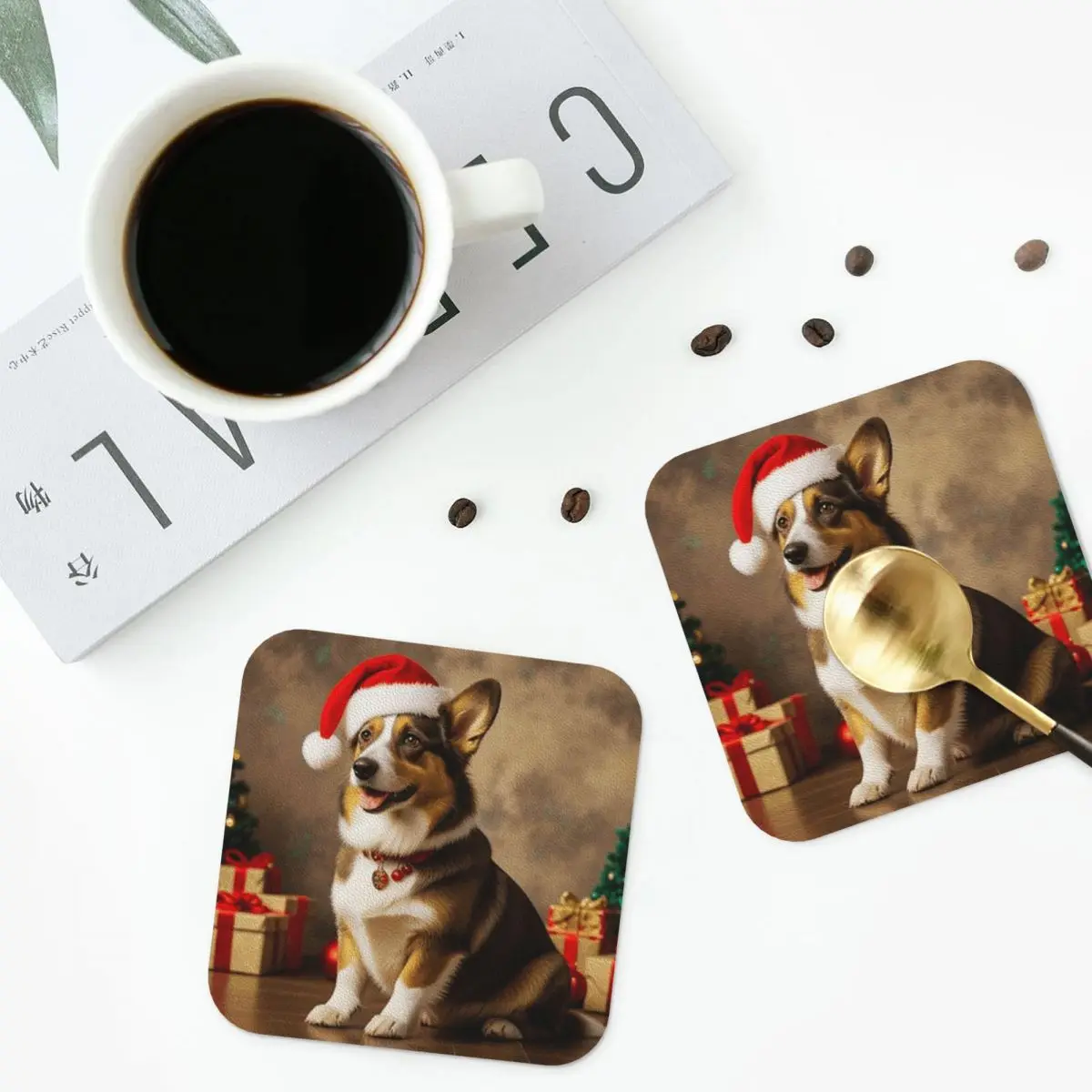 Cardigan Welsh Corgi Dog Christmas Coasters PVC Leather Placemats Waterproof Coffee Mats for Home Kitchen Dining Pads Set of 6