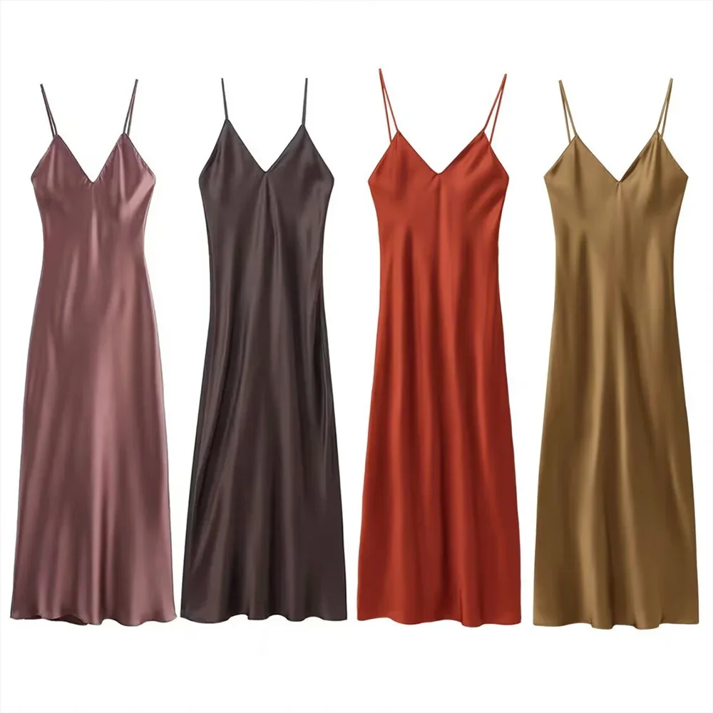 Easy Wearing Brown Pink Red Yellow Four Color V Neck Sleeveless Backless Zipper Women Silk Texture Solid Long Slip Dress
