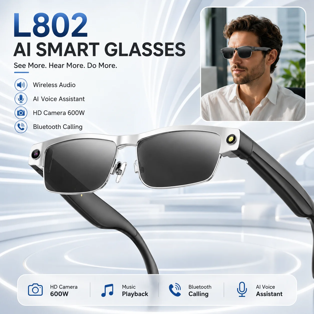 L802 Open Ear Smart Audio Glasses Bluetooth 5.4 Dual Speaker Stereo Sound Touch Control Hands-free Call Music Play Daily Driving