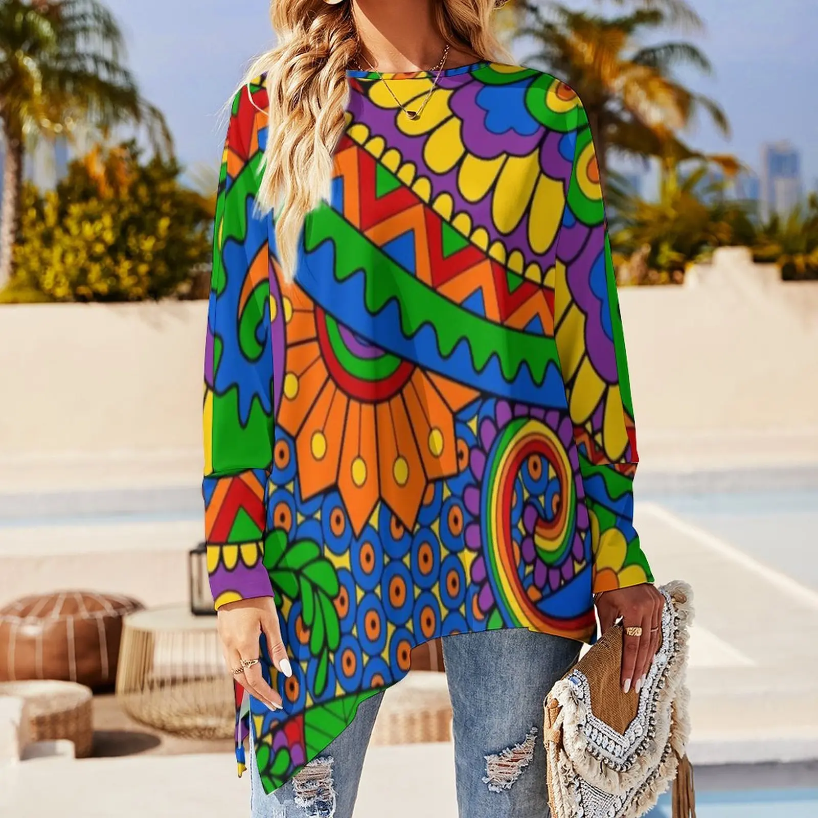 Happy Hippy Floral T-Shirt Psychedelic Rainbow Print Casual Loose Long-Sleeve T-Shirts Funny Tshirt Women Tops Big Size 5XL 6XL