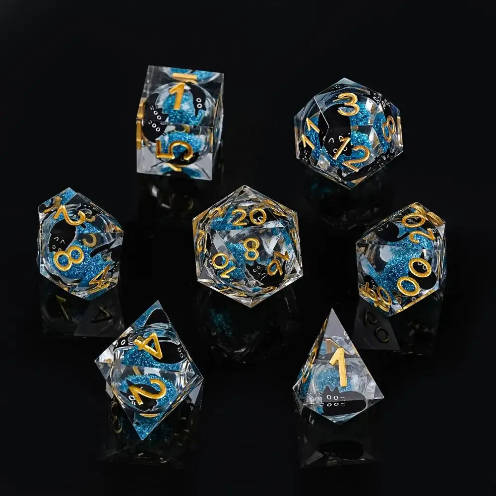 7Pcs DND Blue Quick Sand Resin Dice Black Cat Kitten Dice Set Multi-sided Polyhedral Dice for D&D COC Role RPG Table Game