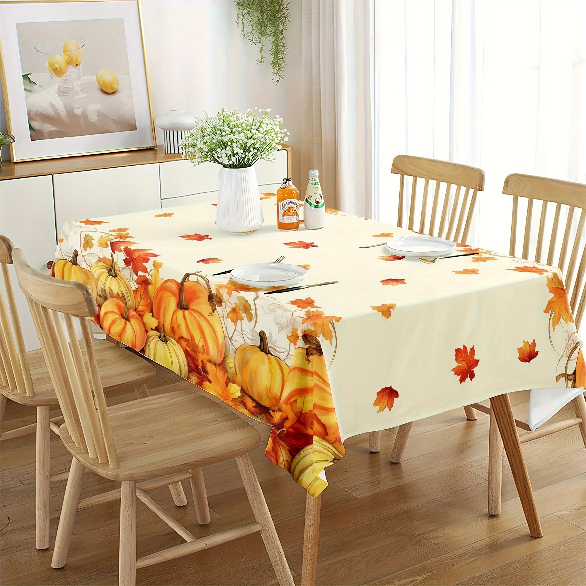 1 piece of autumn pumpkin and maple leaf tablecloth, creating a cozy atmosphere. Polyester fiber tablecloth.xzj