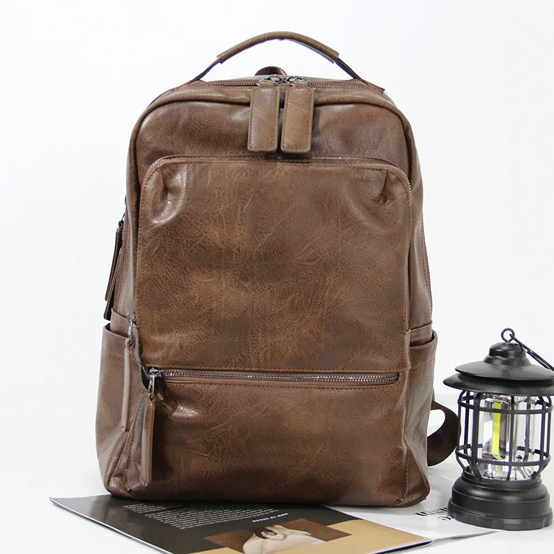 Men Pu Leather Backpack Retro Casual Travel School Bag Large Capacity Outdoor Hiking Rucksack Multifunctional Laptop Bag Male