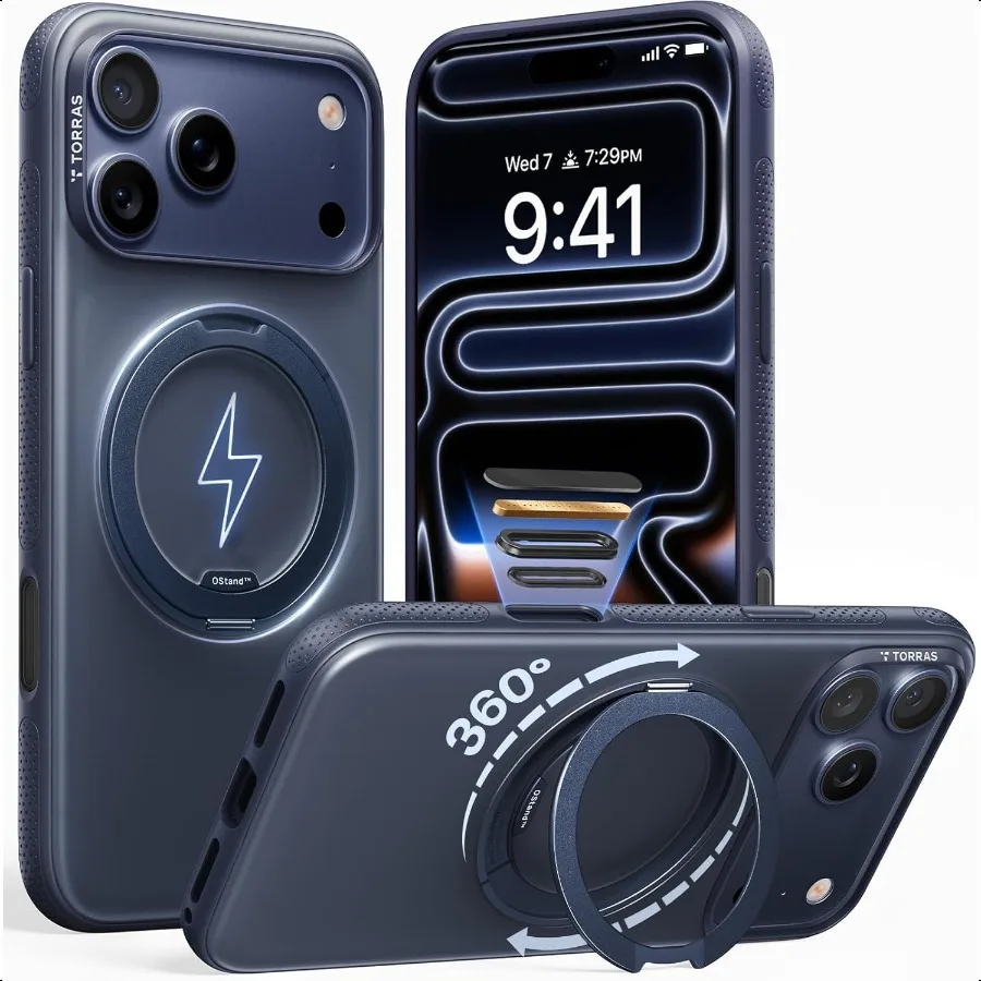 

Магнитная подставка TORRAS 360 для iPhone 17 Pro, чехол [подходит для MagSafe] [вращающаяся кольцевая подставка] [4X MilGrade, противоударный] Slim Pho