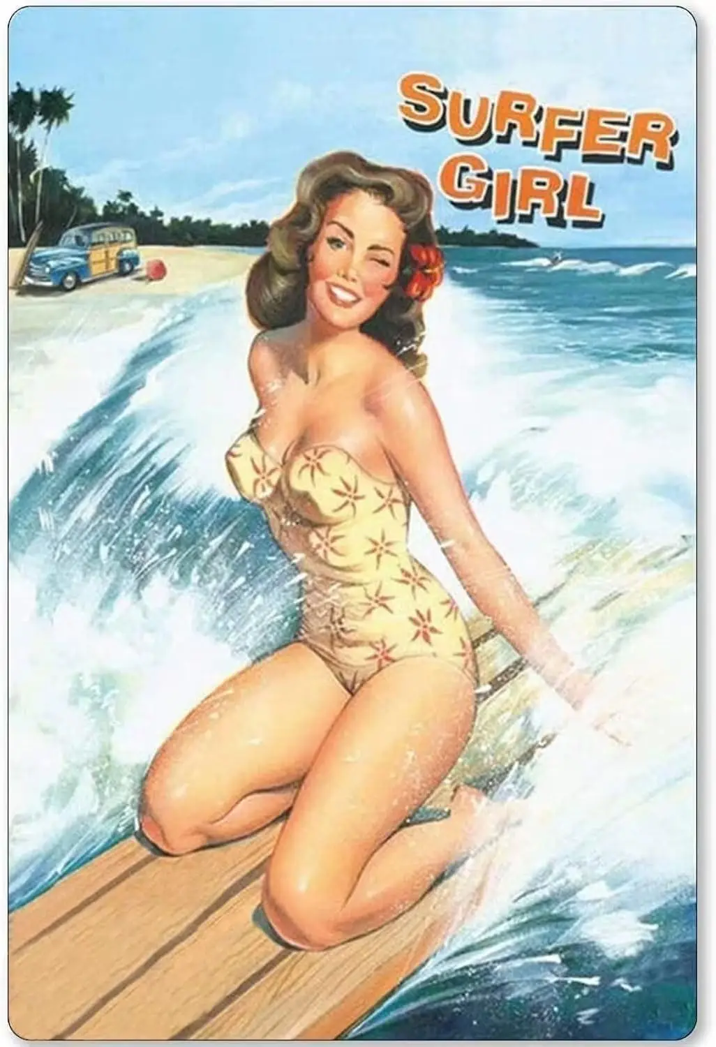 Surfer Girl Vintage Tin Signage Pinup Girl Funny Poster Club Man Cave Living Room Kitchen Home Art Wall Decoration Plaque Gift