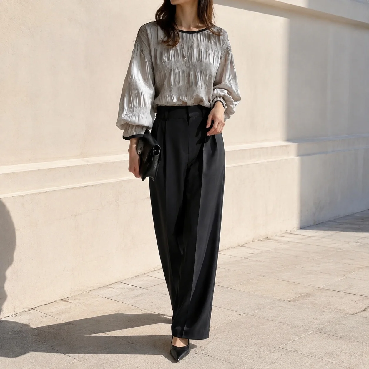 Long Sleeve Pullover Shirt Loose Fit Elegant Commute with Round Neck Flared Sleeve Pleated Summer Blouse Summer for Women