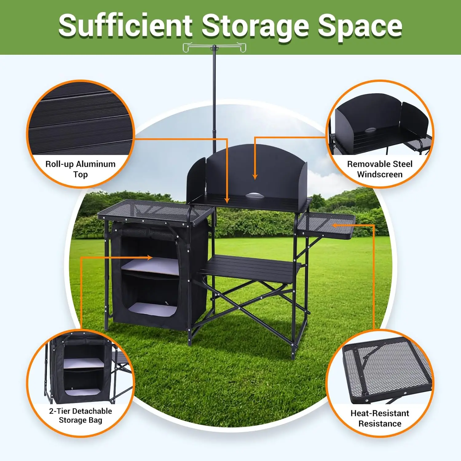 Kochen im Freien, Esszimmerstation, Campingtisch, tragbarer Klapptisch, Picknick, mobile Küche, Camping, Kochstation mit Lichtständer