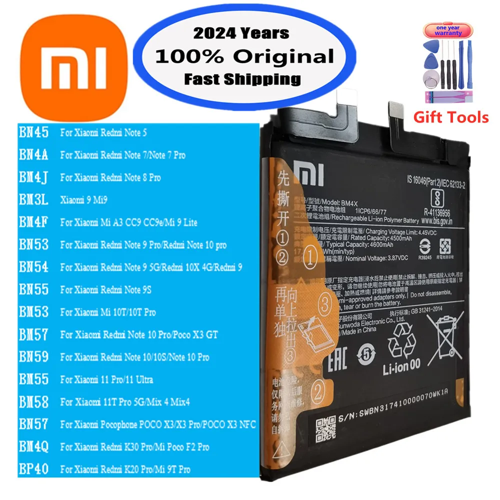 New 100% Original Battery For Xiaomi MI Redmi Note K20 K30 Pro 5 7 8 9 9S 9T 10 10X 10T 10X 11T 11 Ultra 11T POCO X3 F2 4X Pro