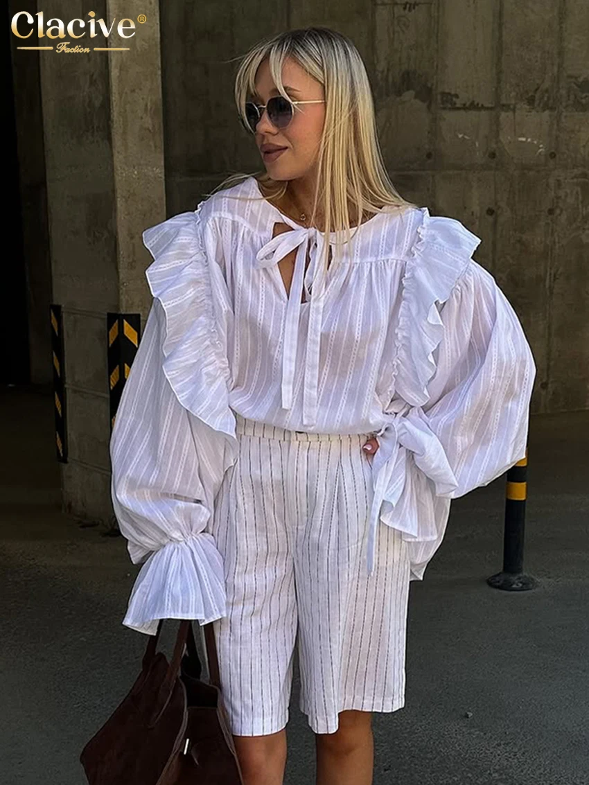 

Clacive Fashion Loose White Cotton Women Shirt 2025 Casual O-Neck Long Sleeve Shirts Elegant Classic Ruffle Tops Female Clothing