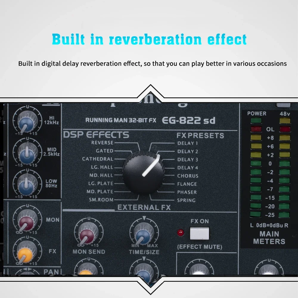 Depusheng EG822SD mixer audio Digital, mixer audio Digital DJ 8 saluran multifungsi 48V Phantonpower Supply