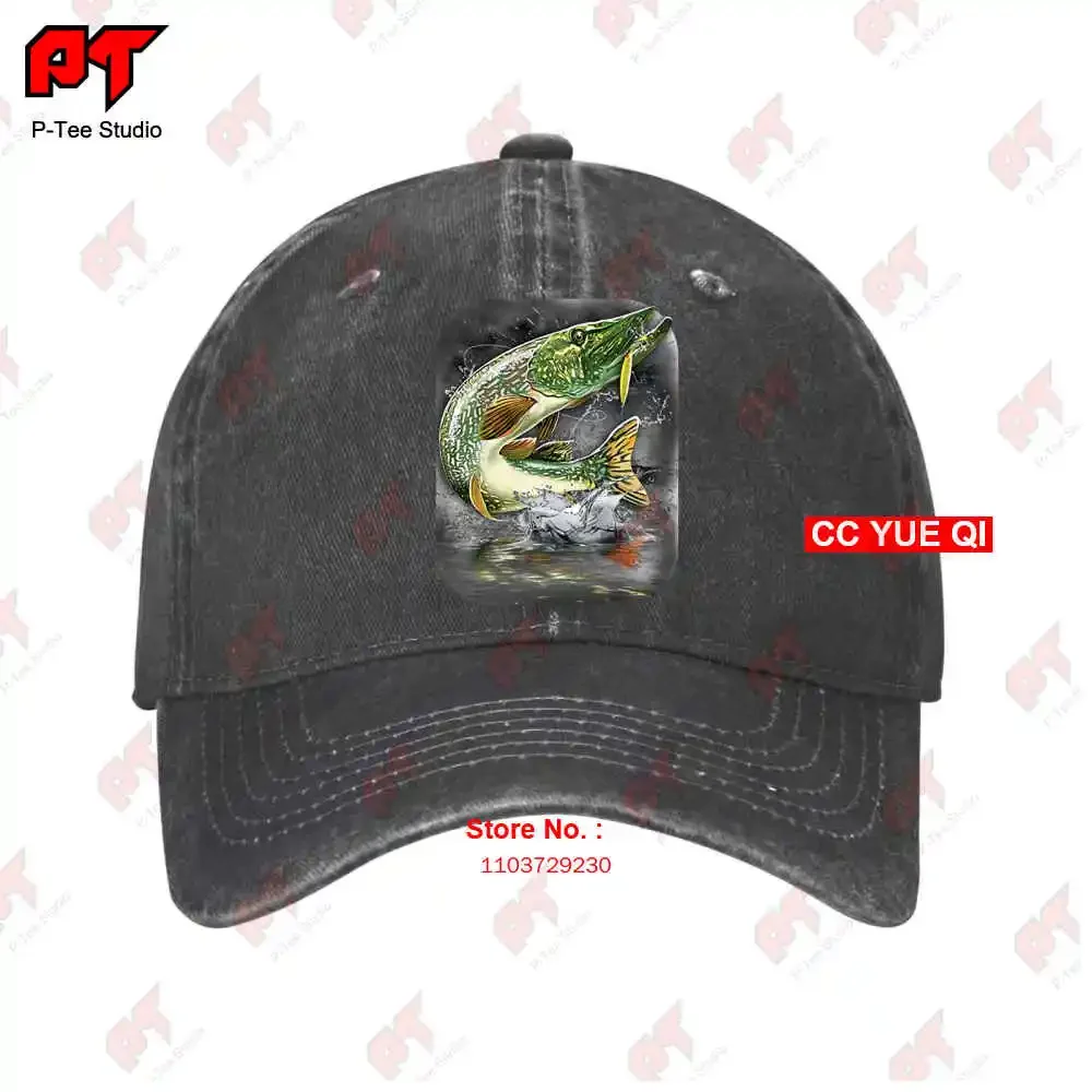 Fishing Fishermen Pike Jumping After Lure 2 Sides Baseball Caps Truck Cap QM3K